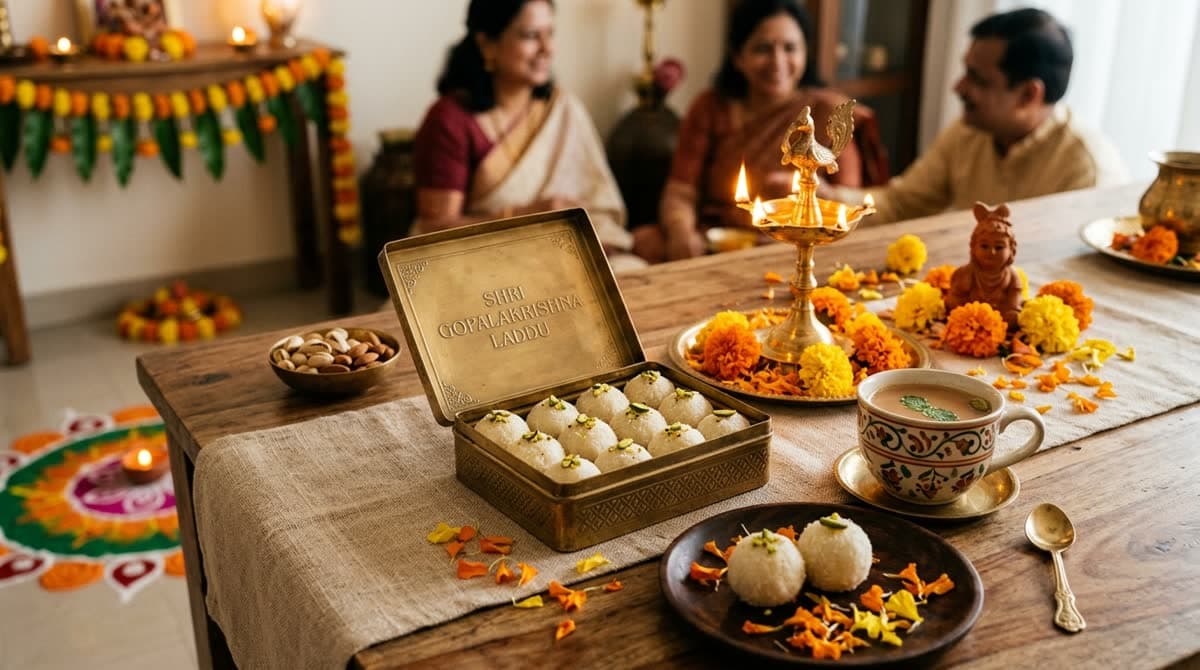 Janmashtami family celebration and festive dessert sharing